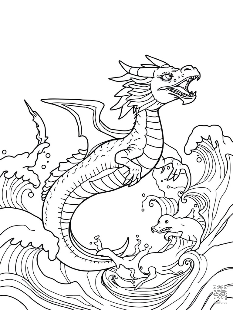 Sea dragon swimming through ocean waves coloring page Contour style - free printable