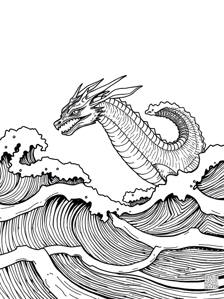 Sea dragon swimming through ocean waves coloring page Crosshatch style - free printable