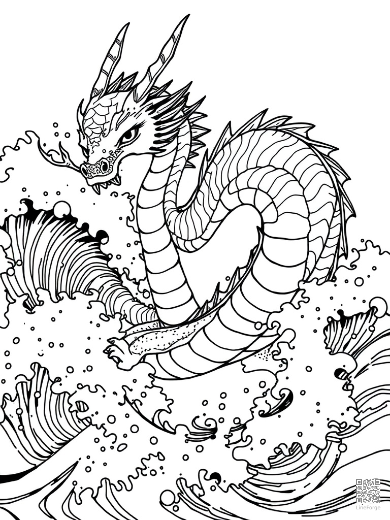 Sea dragon swimming through ocean waves coloring page Manga style - free printable