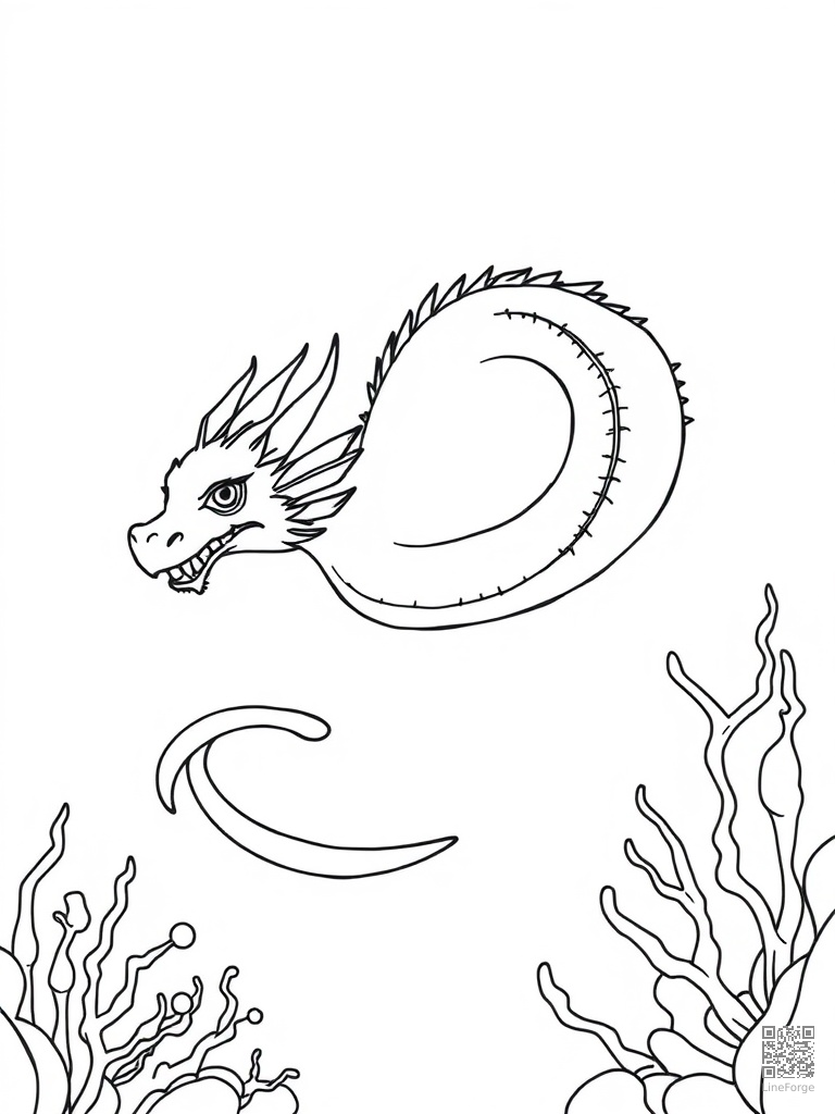 Sea dragon swimming through ocean waves coloring page Minimal style - free printable