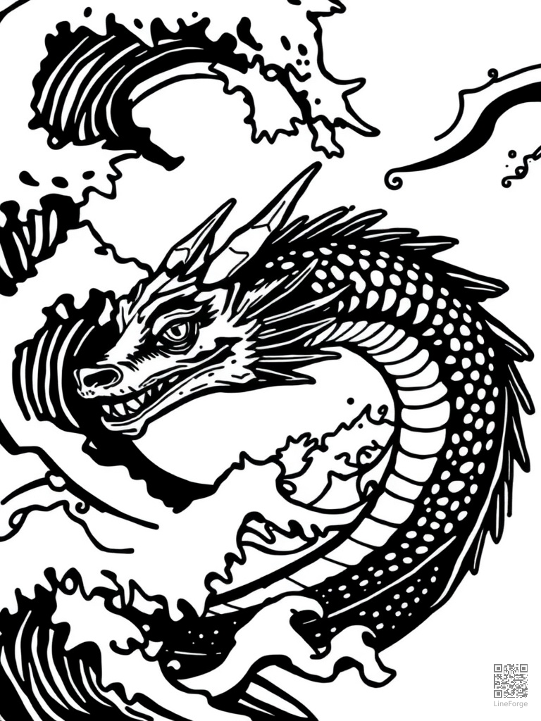 Sea dragon swimming through ocean waves coloring page Woodcut style - free printable