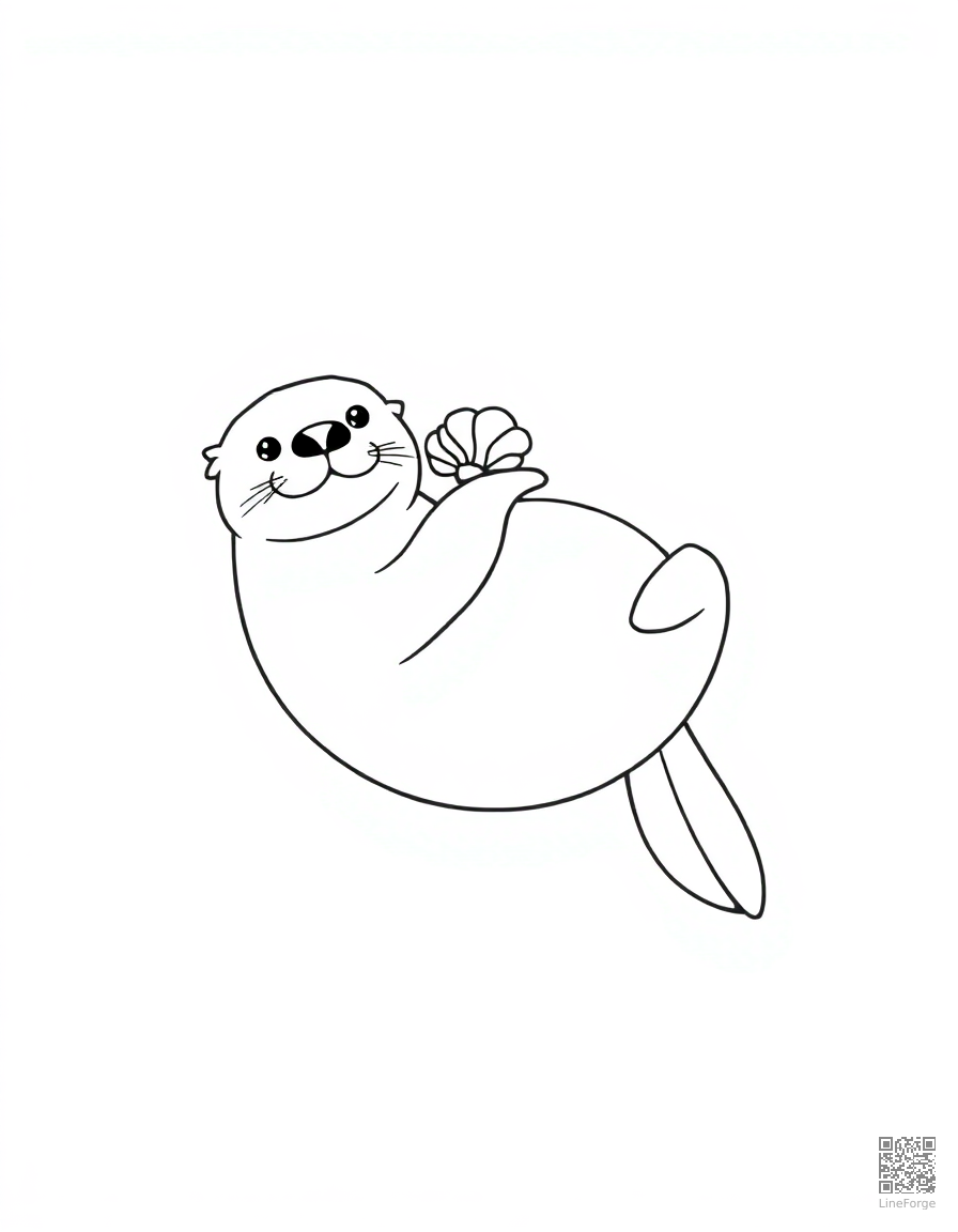 Free sea otter floating on its back with a shell coloring page in minimal style — printable line art