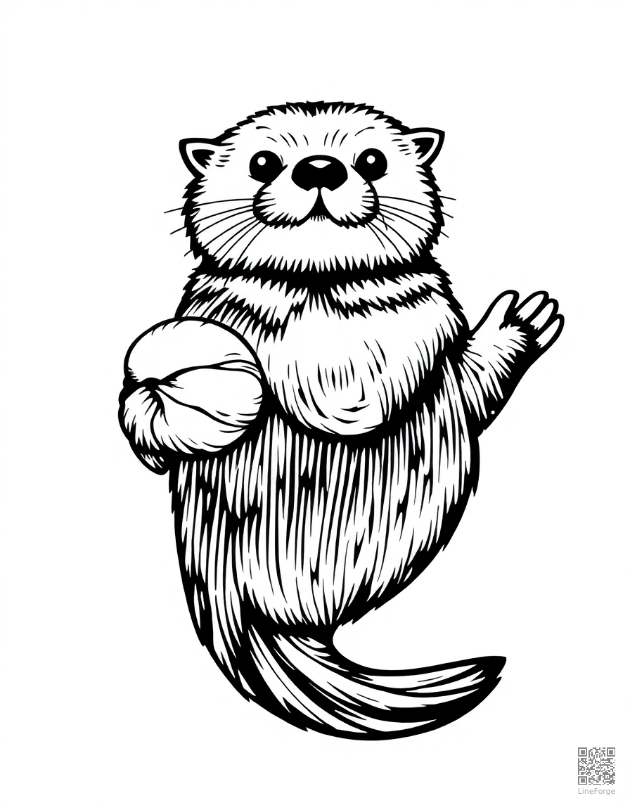 sea otter floating on its back with a shell coloring page Woodcut style - free printable
