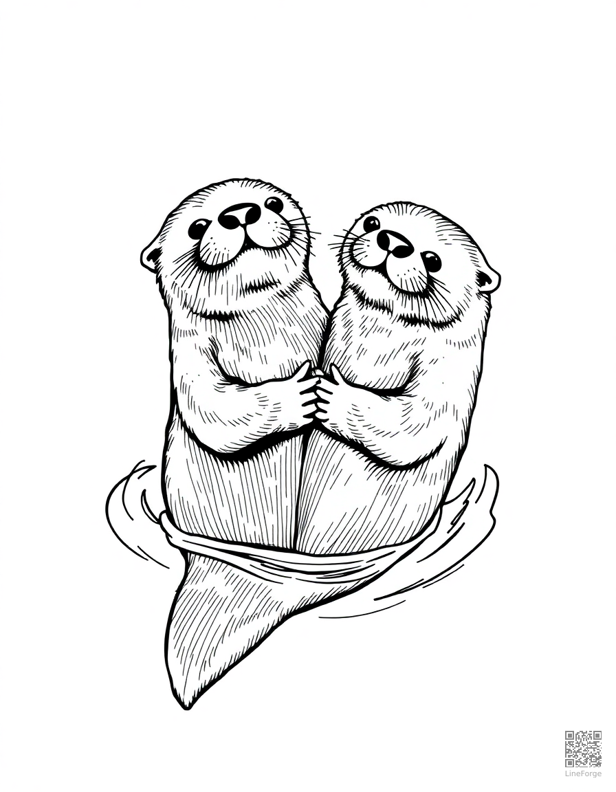 sea otter holding hands while floating coloring page Crosshatch style - free printable