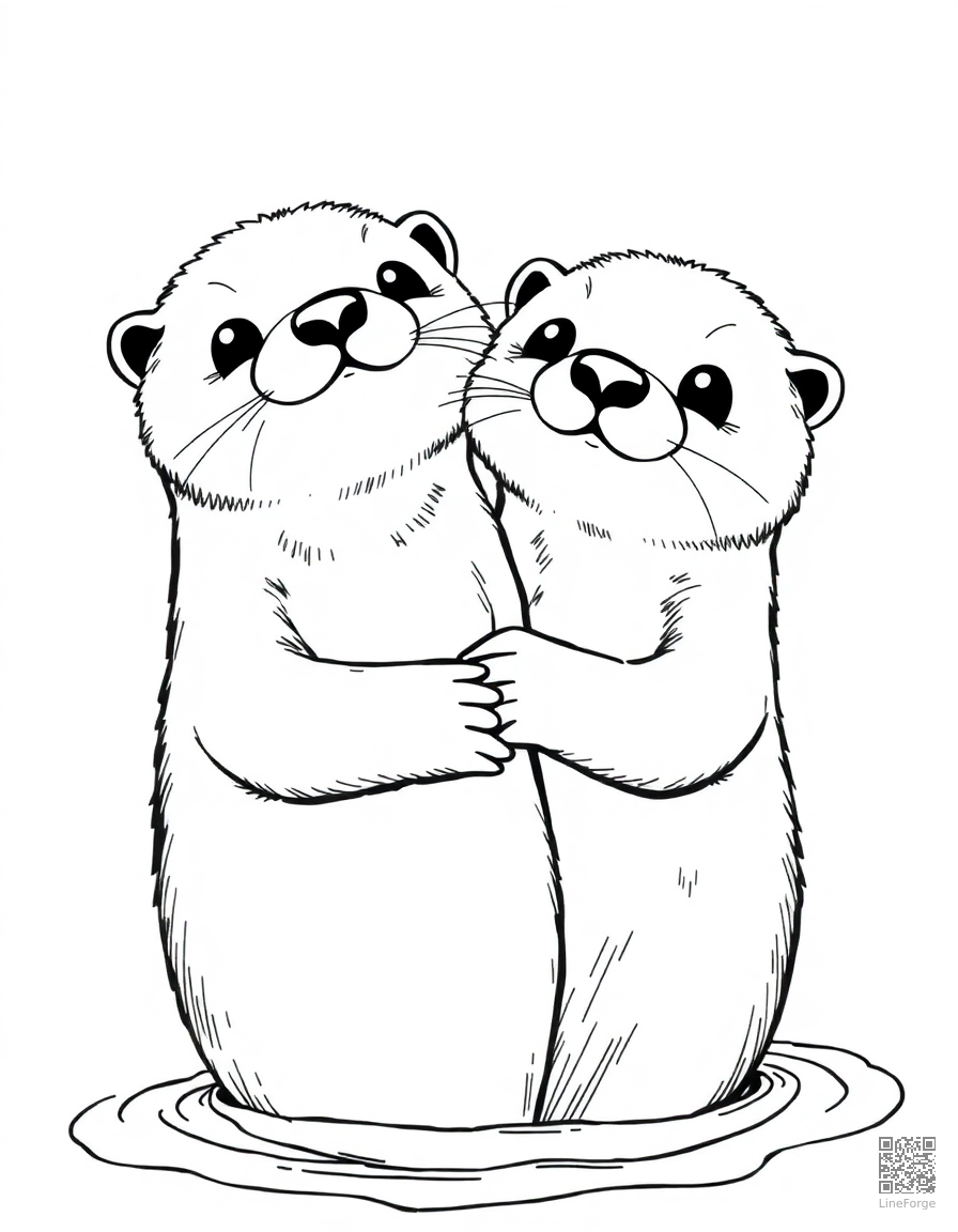 Free sea otter holding hands while floating coloring page in manga style — printable line art