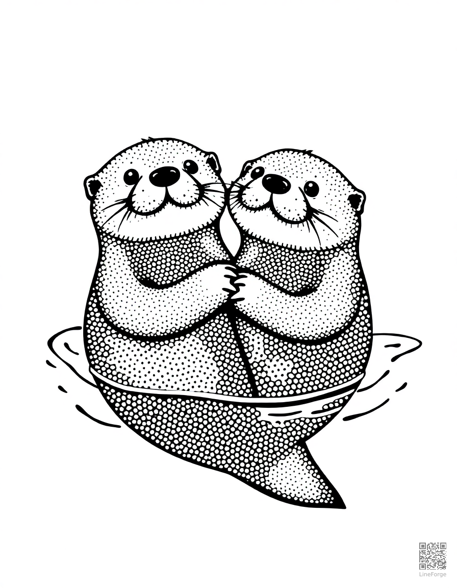Free sea otter holding hands while floating coloring page in stipple style — printable line art