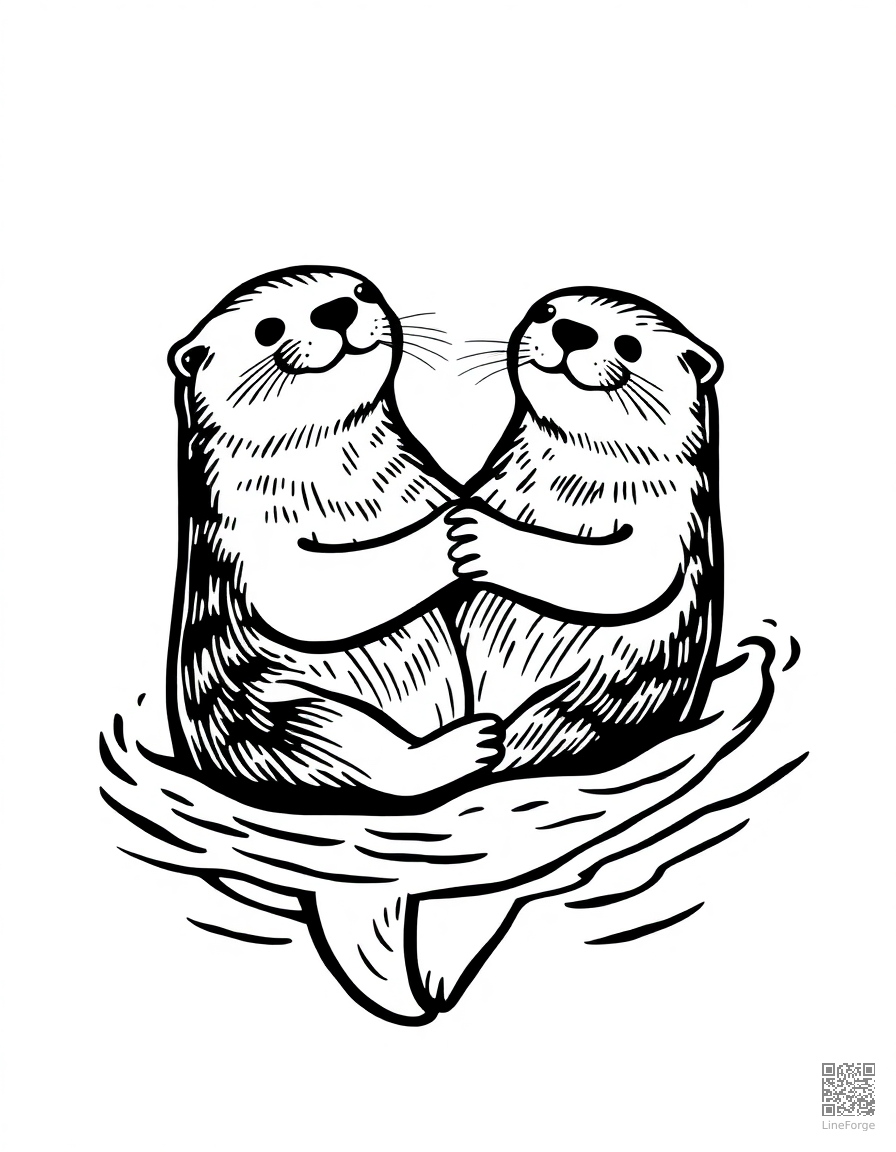 sea otter holding hands while floating coloring page Woodcut style - free printable