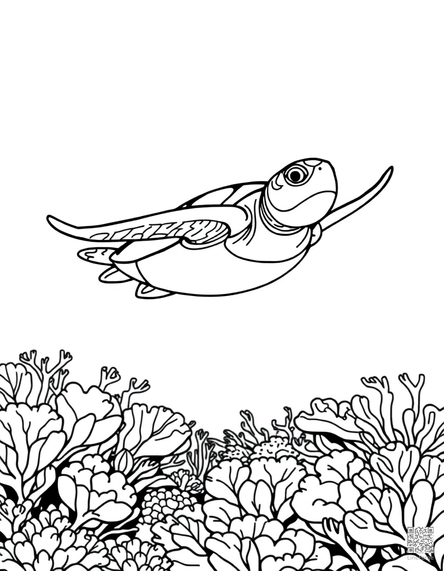 sea turtle swimming over a coral reef coloring page Contour style - free printable