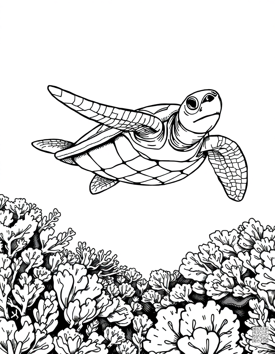 sea turtle swimming over a coral reef coloring page Crosshatch style - free printable
