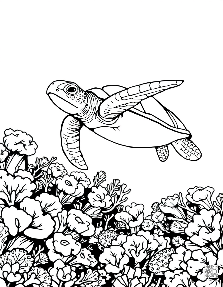 sea turtle swimming over a coral reef coloring page Manga style - free printable