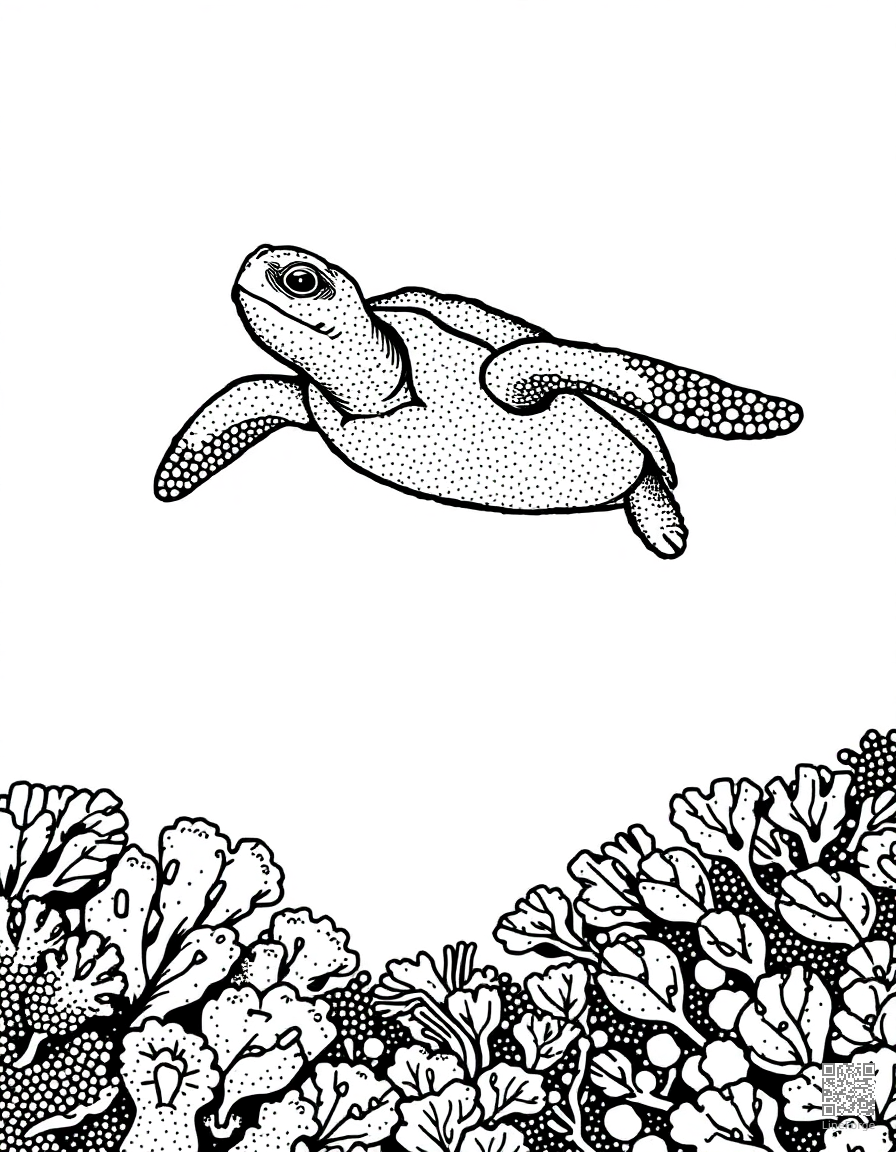 sea turtle swimming over a coral reef coloring page Stipple style - free printable