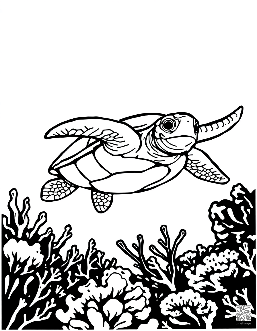 sea turtle swimming over a coral reef coloring page Woodcut style - free printable