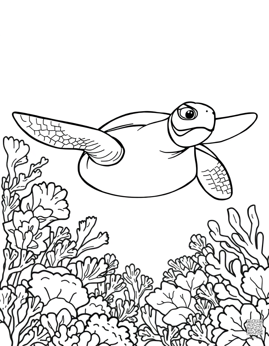 Free sea turtle swimming through coral reef coloring page in contour style — printable line art