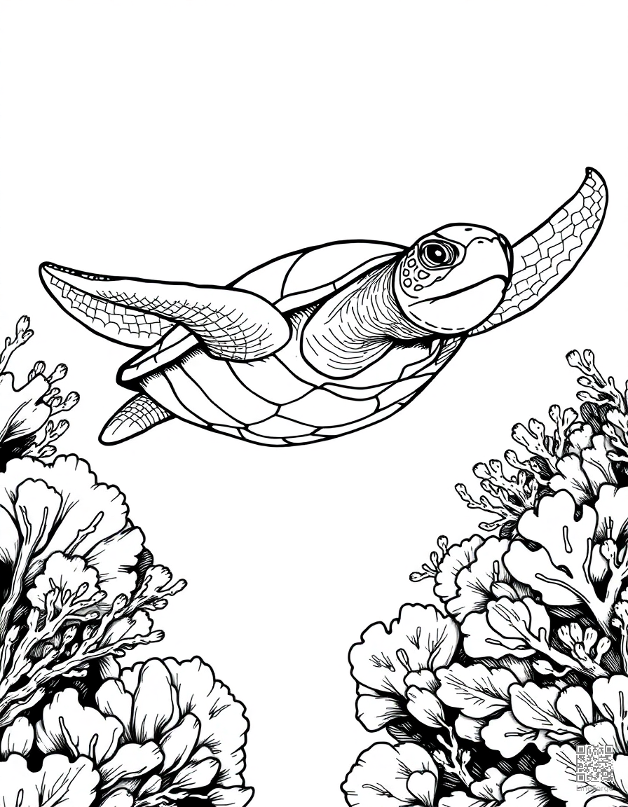 Sea turtle swimming through coral reef coloring page Crosshatch style - free printable