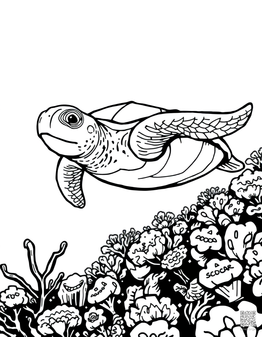 Sea turtle swimming through coral reef coloring page Manga style - free printable