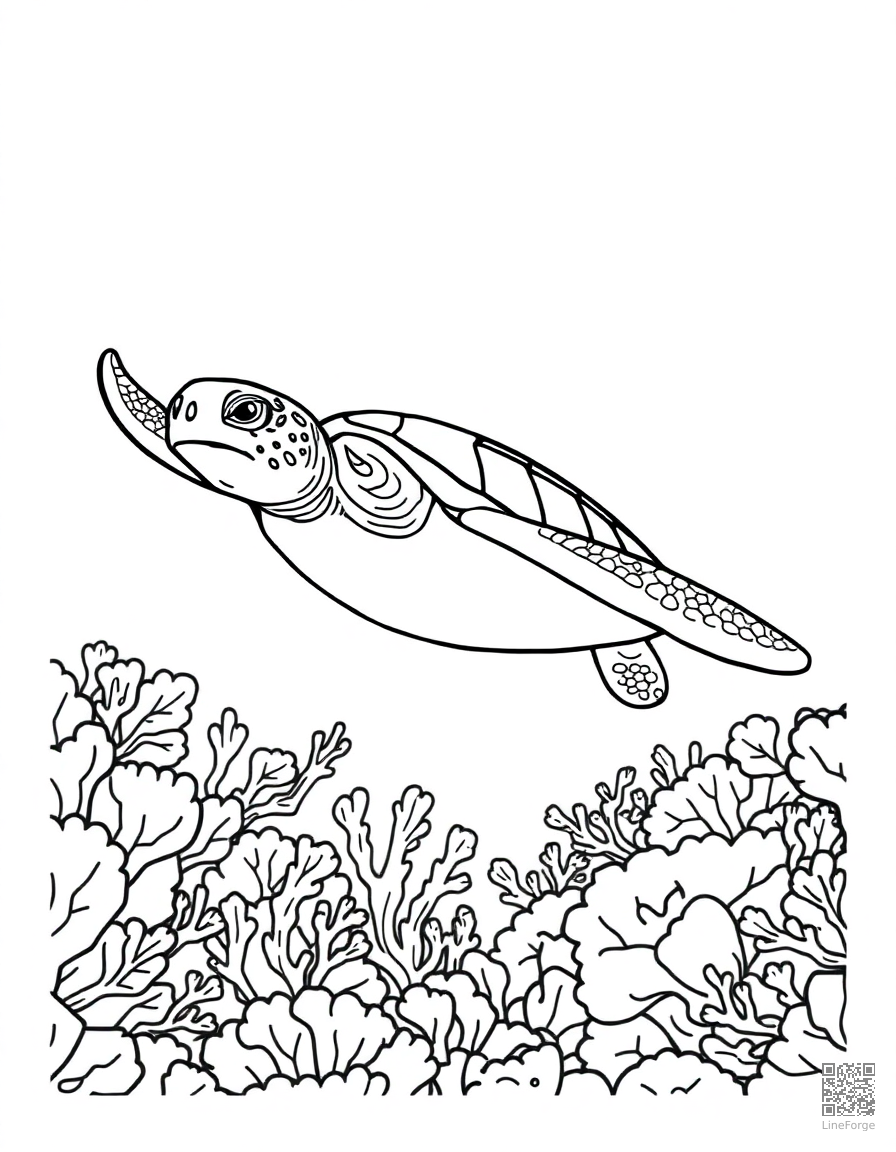 Sea turtle swimming through coral reef coloring page Minimal style - free printable