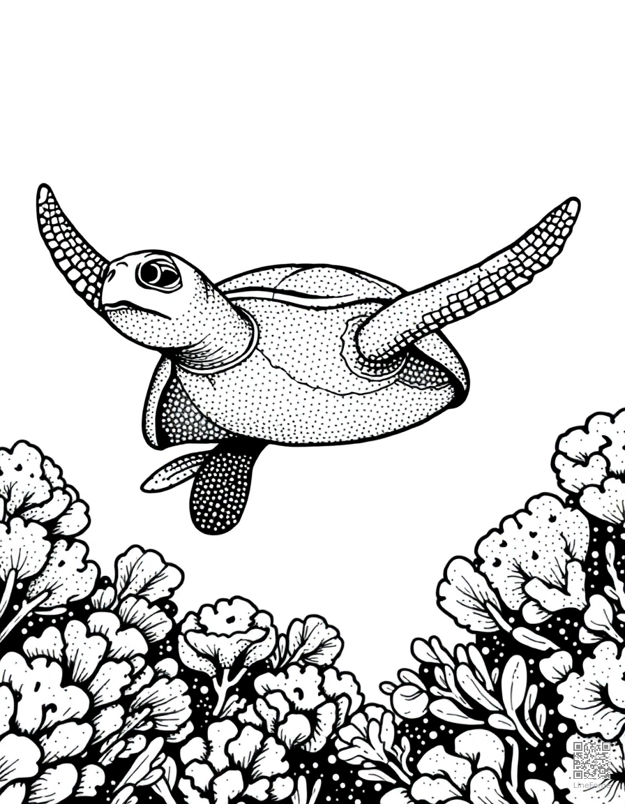 Sea turtle swimming through coral reef coloring page Stipple style - free printable