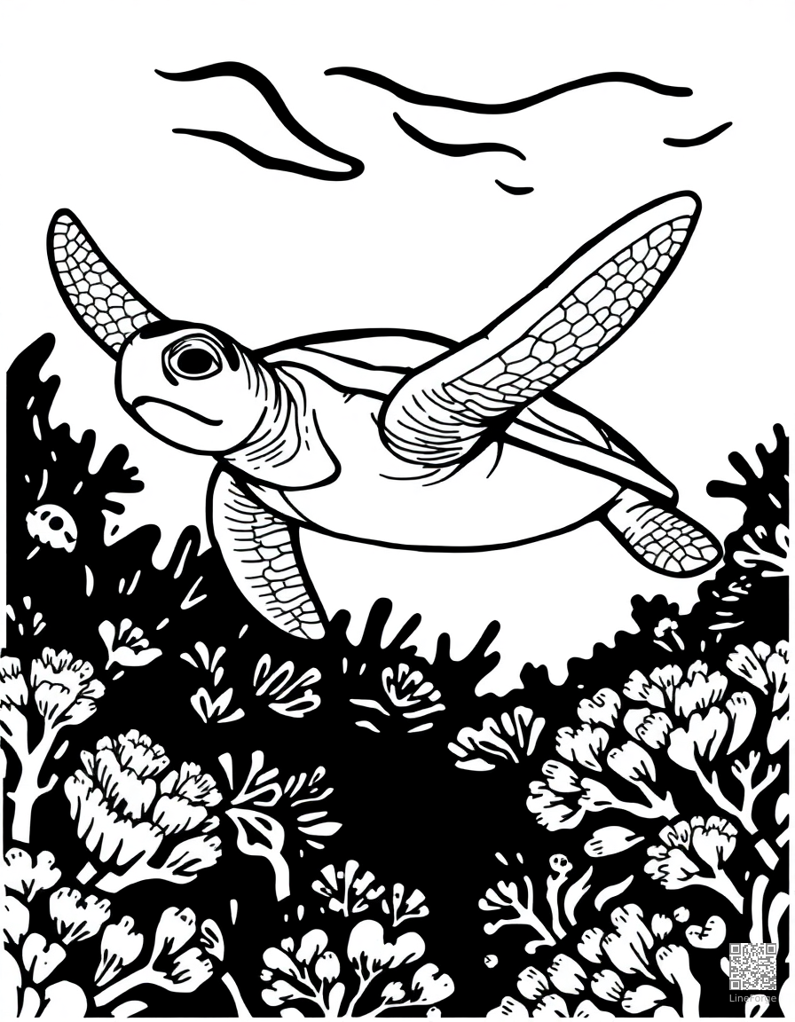 Sea turtle swimming through coral reef coloring page Woodcut style - free printable
