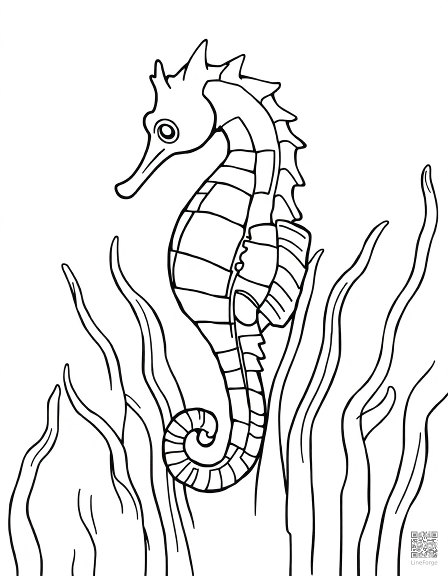 Seahorse among seaweed coloring page Contour style - free printable