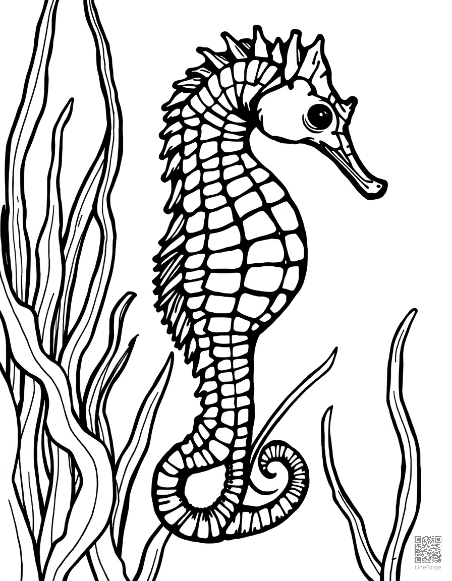 Seahorse among seaweed coloring page Crosshatch style - free printable