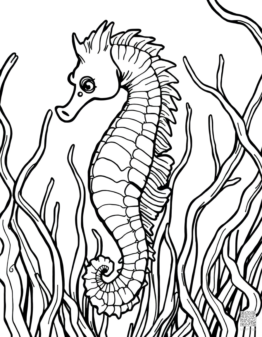 Seahorse among seaweed coloring page Manga style - free printable