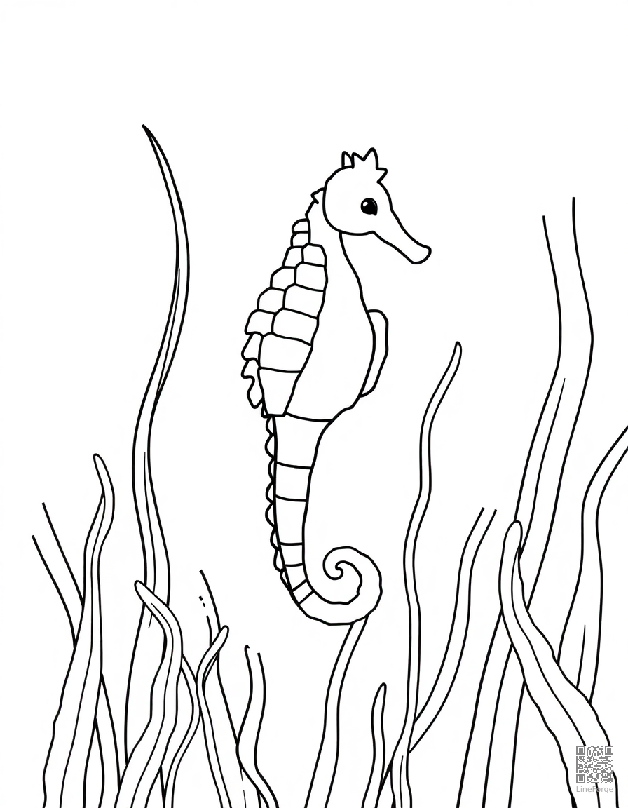 Seahorse among seaweed coloring page Minimal style - free printable