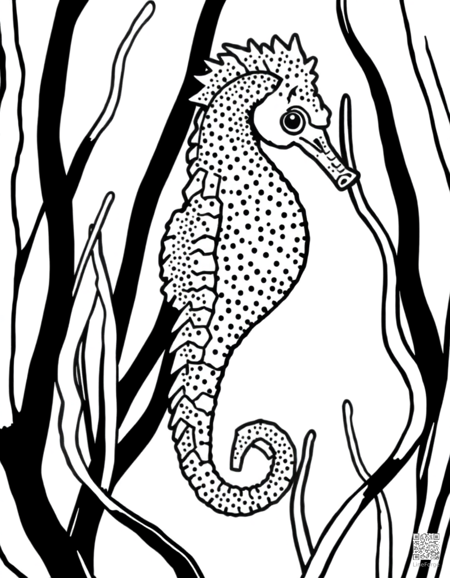 Seahorse among seaweed coloring page Stipple style - free printable