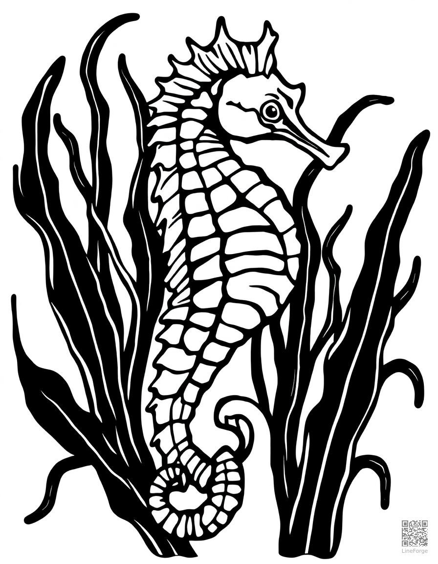 Seahorse among seaweed coloring page Woodcut style - free printable