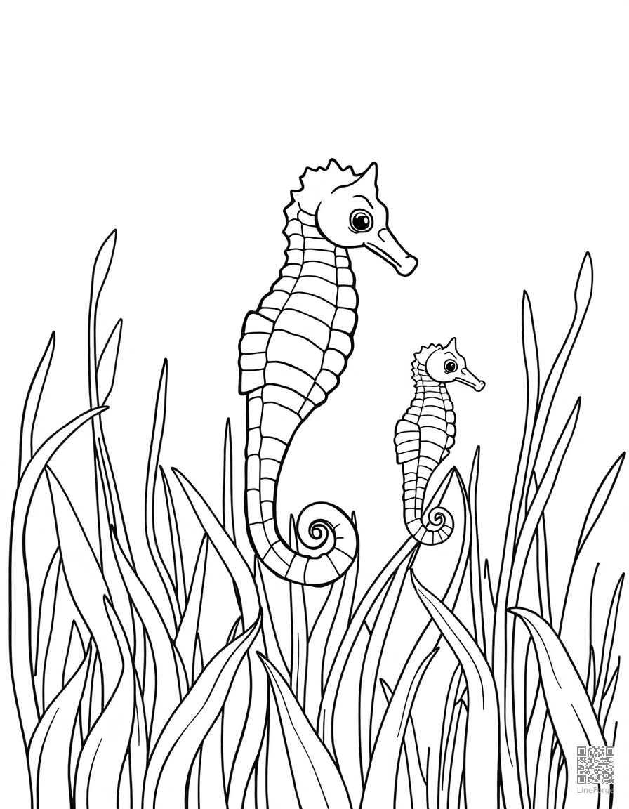 seahorse family among seagrass coloring page Contour style - free printable
