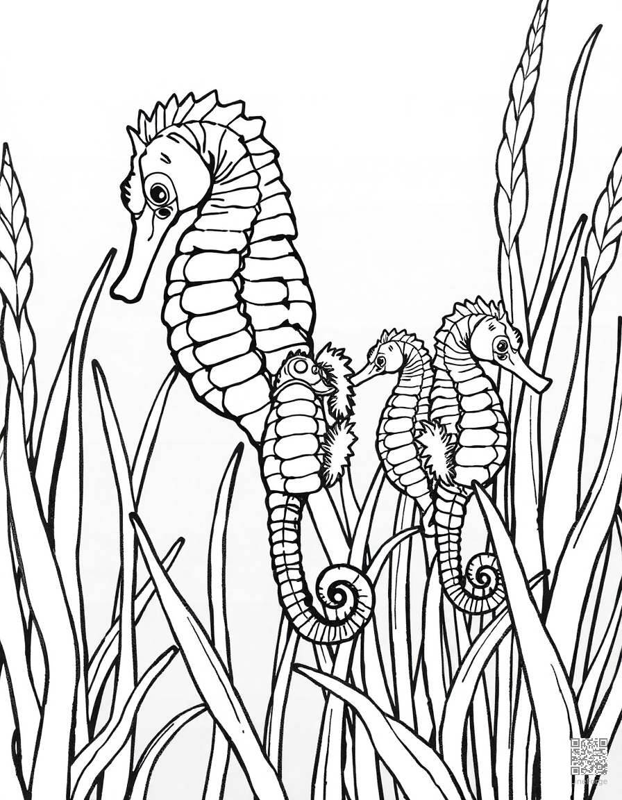 seahorse family among seagrass coloring page Crosshatch style - free printable