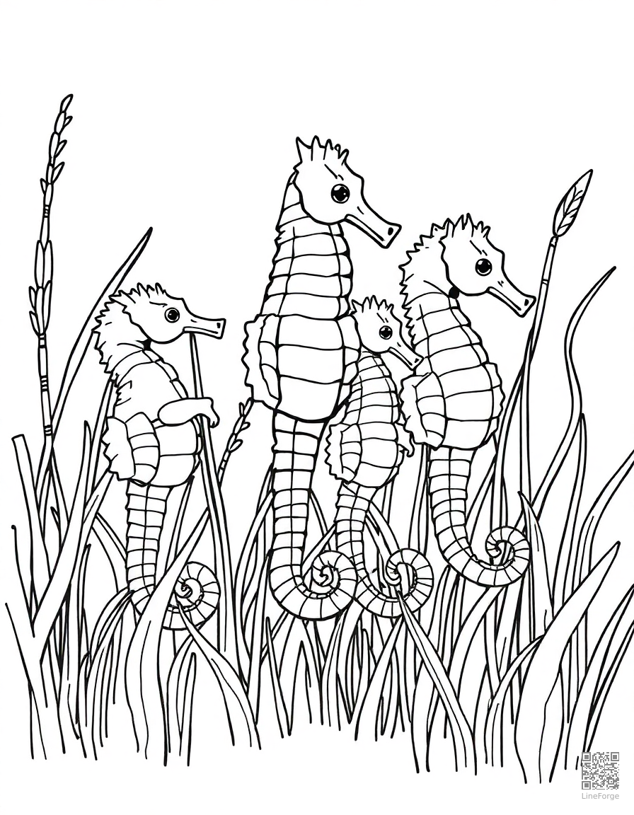 seahorse family among seagrass coloring page Manga style - free printable