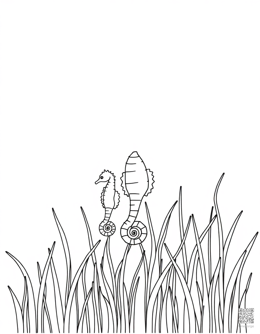 seahorse family among seagrass coloring page Minimal style - free printable