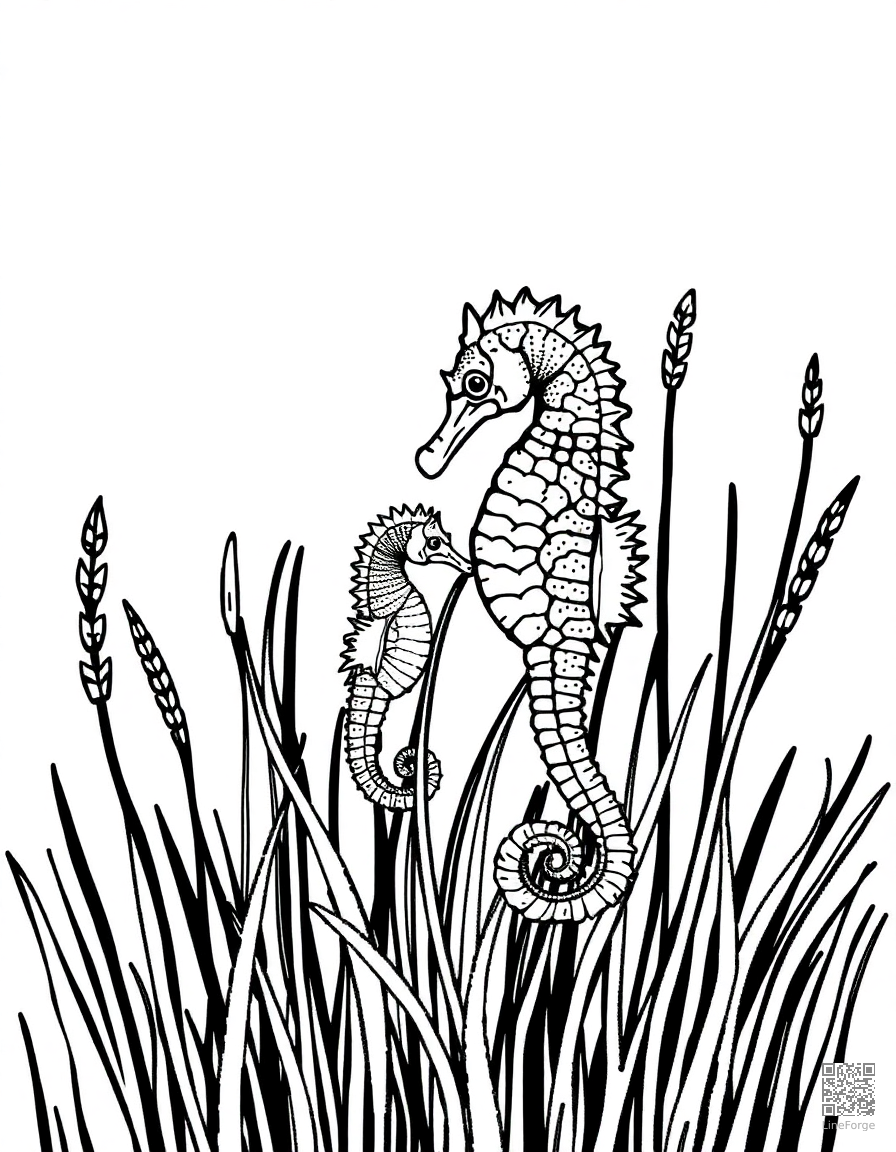 seahorse family among seagrass coloring page Stipple style - free printable