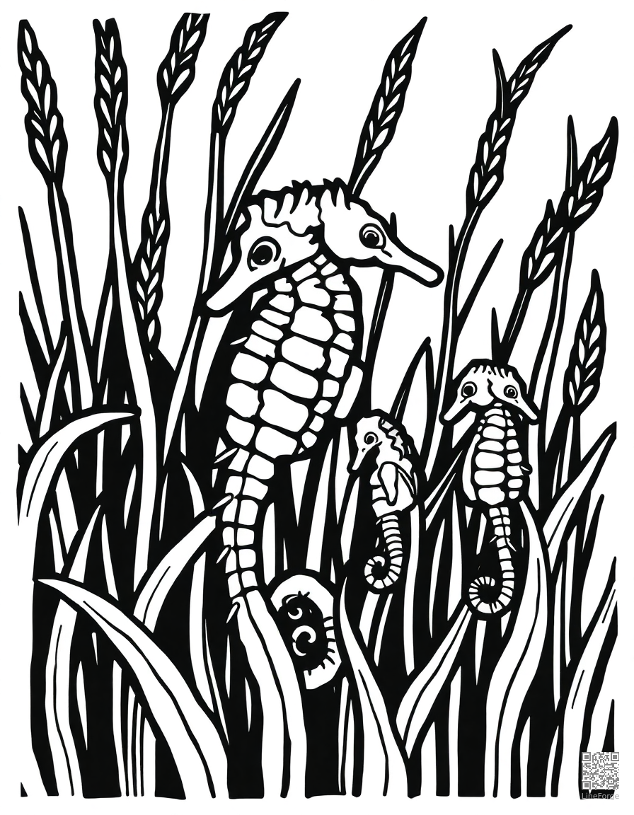 seahorse family among seagrass coloring page Woodcut style - free printable