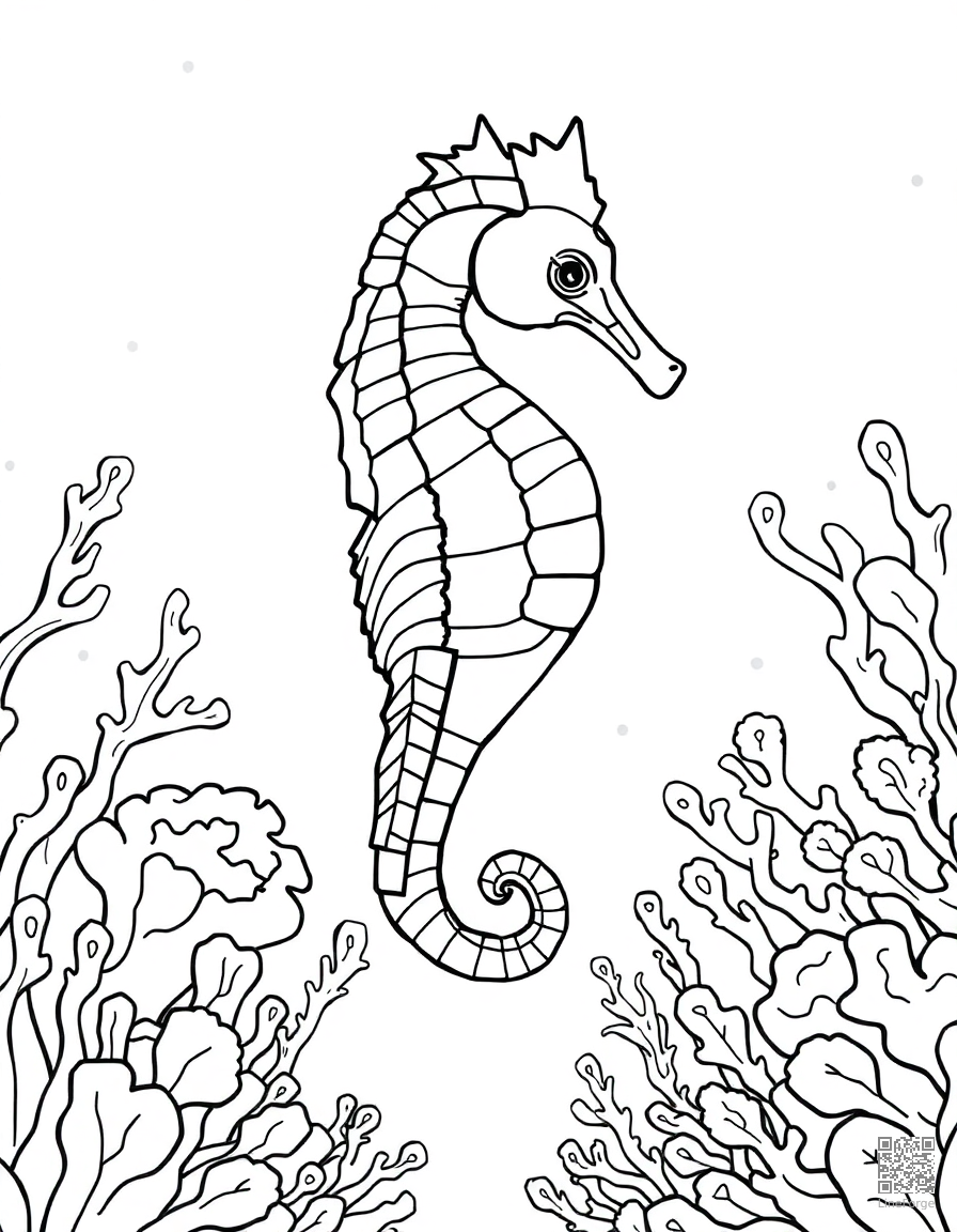 Free seahorse floating in an underwater coral garden coloring page in contour style — printable line art