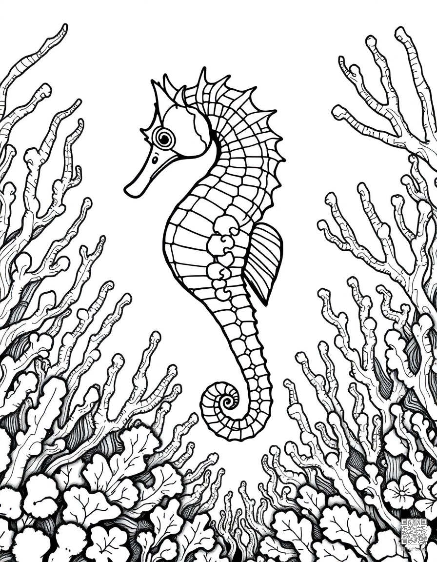 seahorse floating in an underwater coral garden coloring page Crosshatch style - free printable
