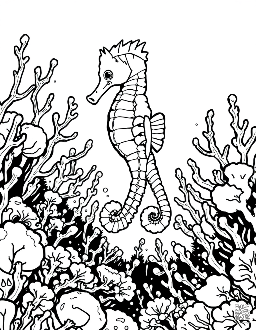 seahorse floating in an underwater coral garden coloring page Manga style - free printable