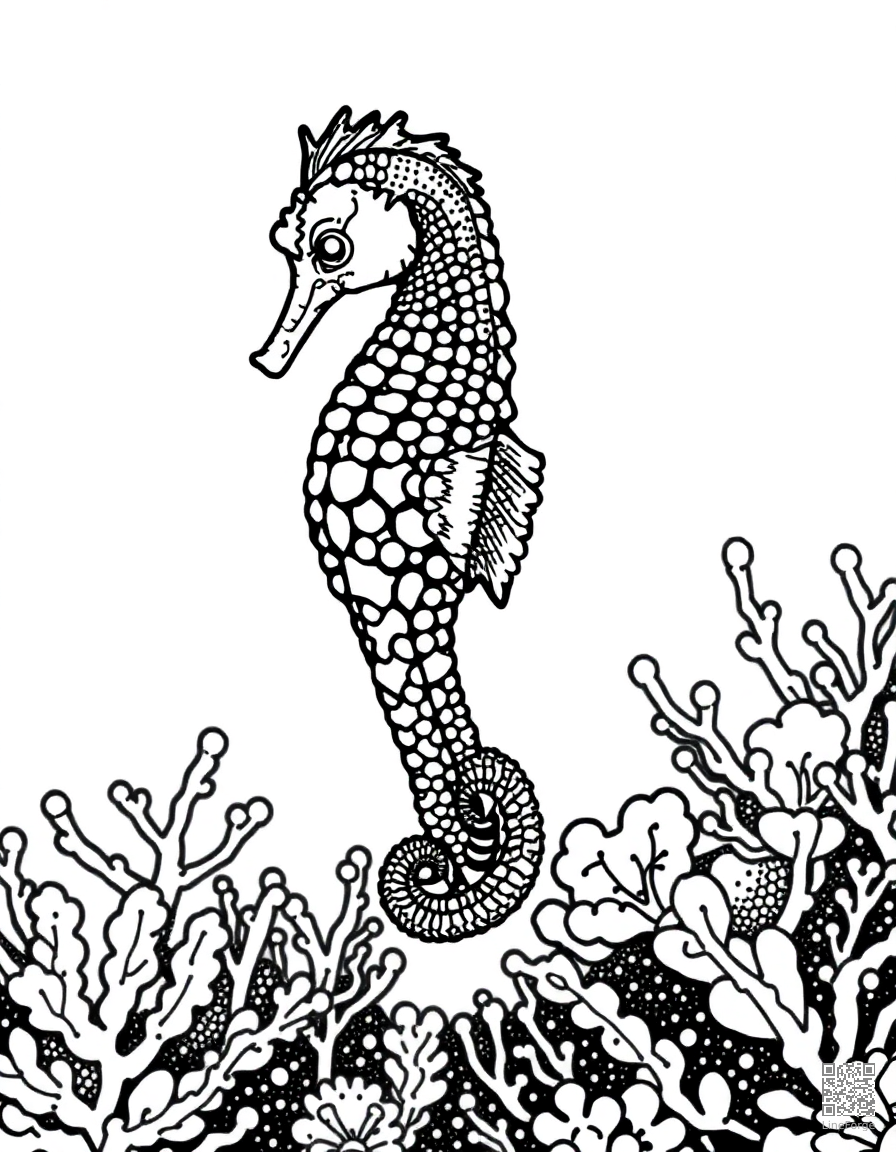 Free seahorse floating in an underwater coral garden coloring page in stipple style — printable line art