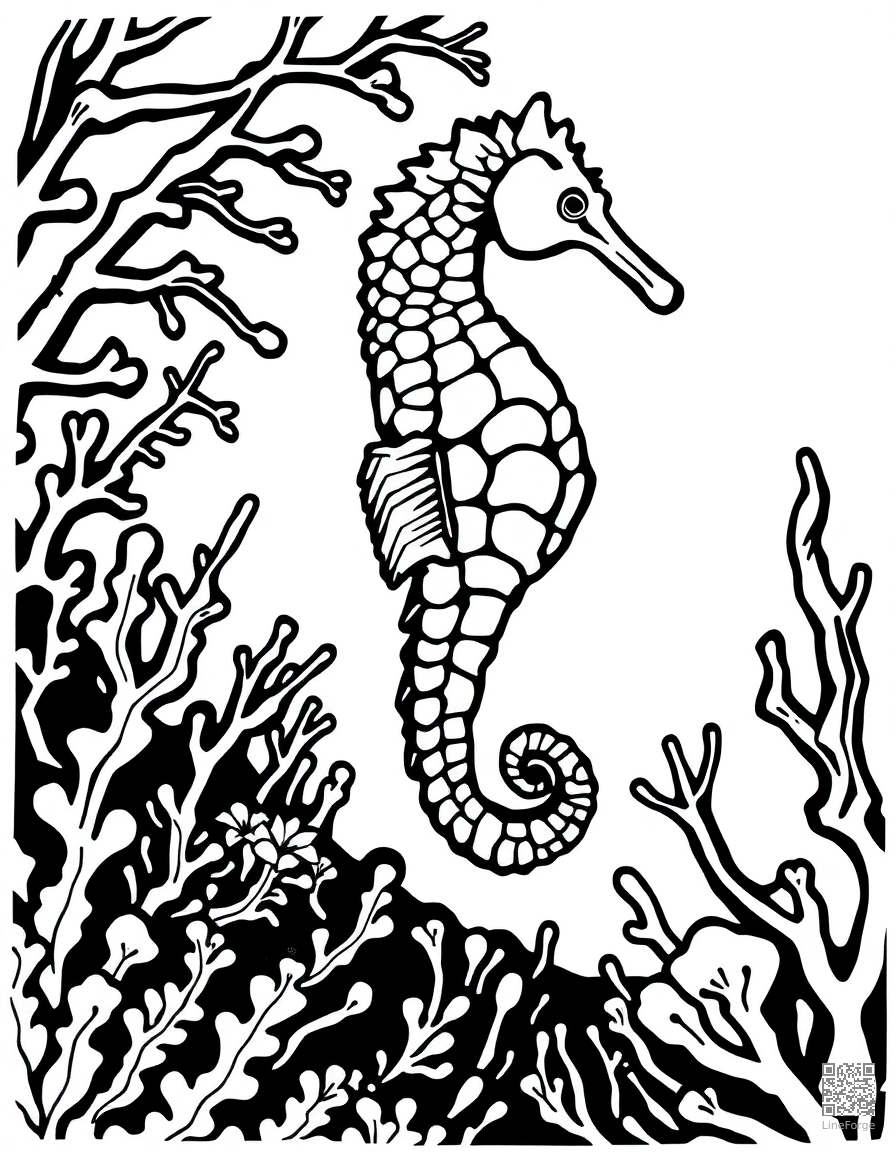 seahorse floating in an underwater coral garden coloring page Woodcut style - free printable
