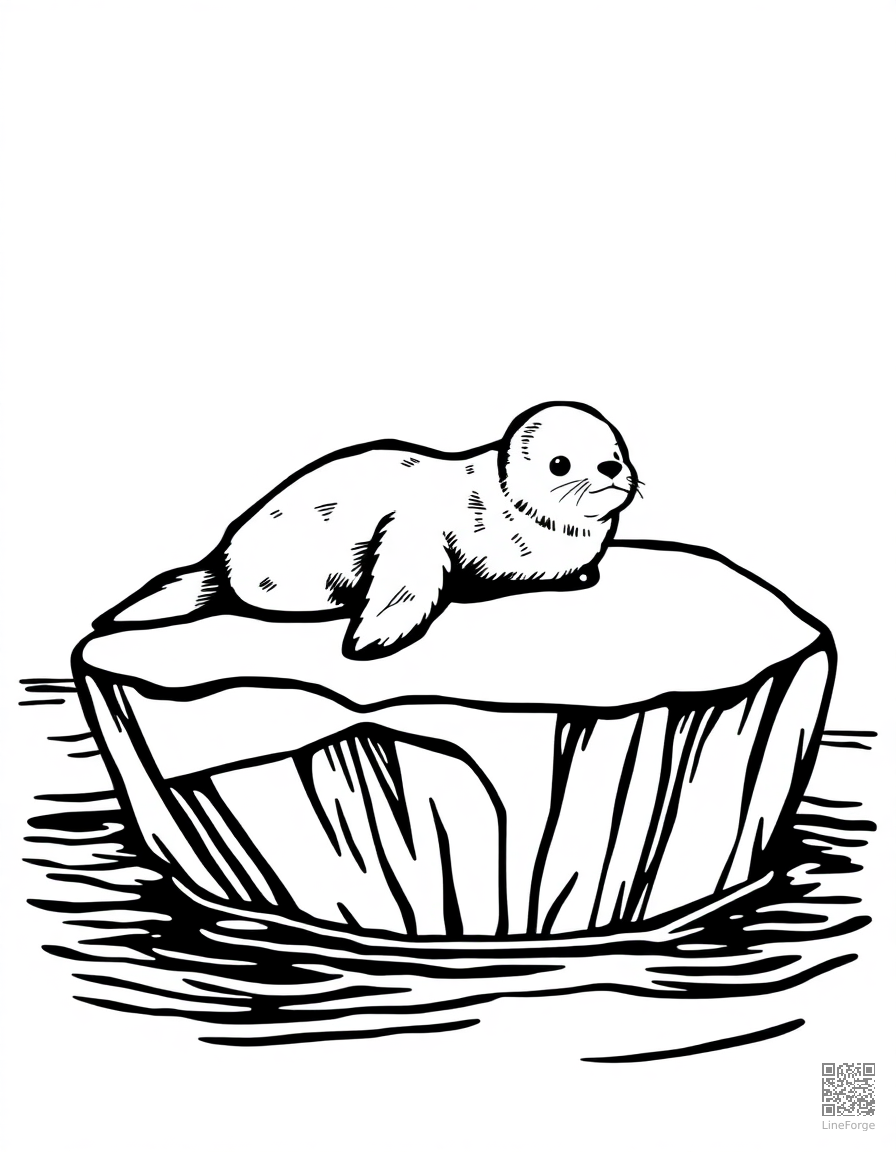 seal pup resting on an ice floe coloring page Woodcut style - free printable