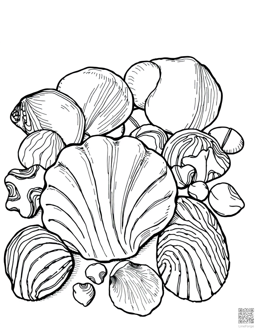 seashell collection on the beach coloring page Crosshatch style - free printable