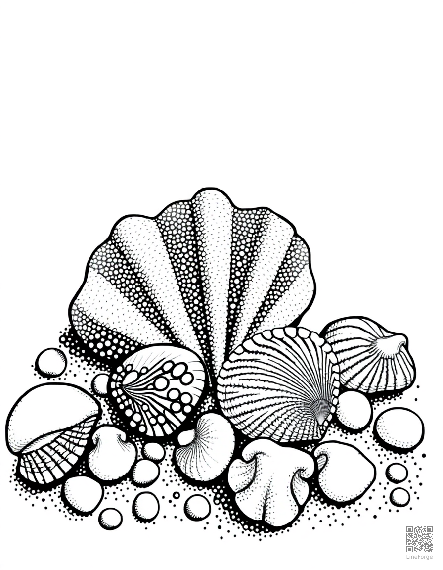 seashell collection on the beach coloring page Stipple style - free printable