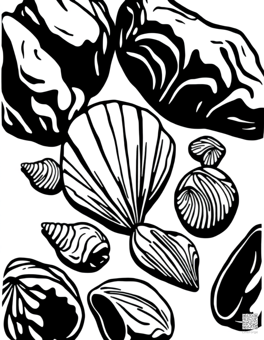 seashell collection on the beach coloring page Woodcut style - free printable
