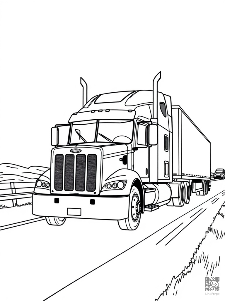 Free semi truck big rig rolling down a highway coloring page in contour style — printable line art