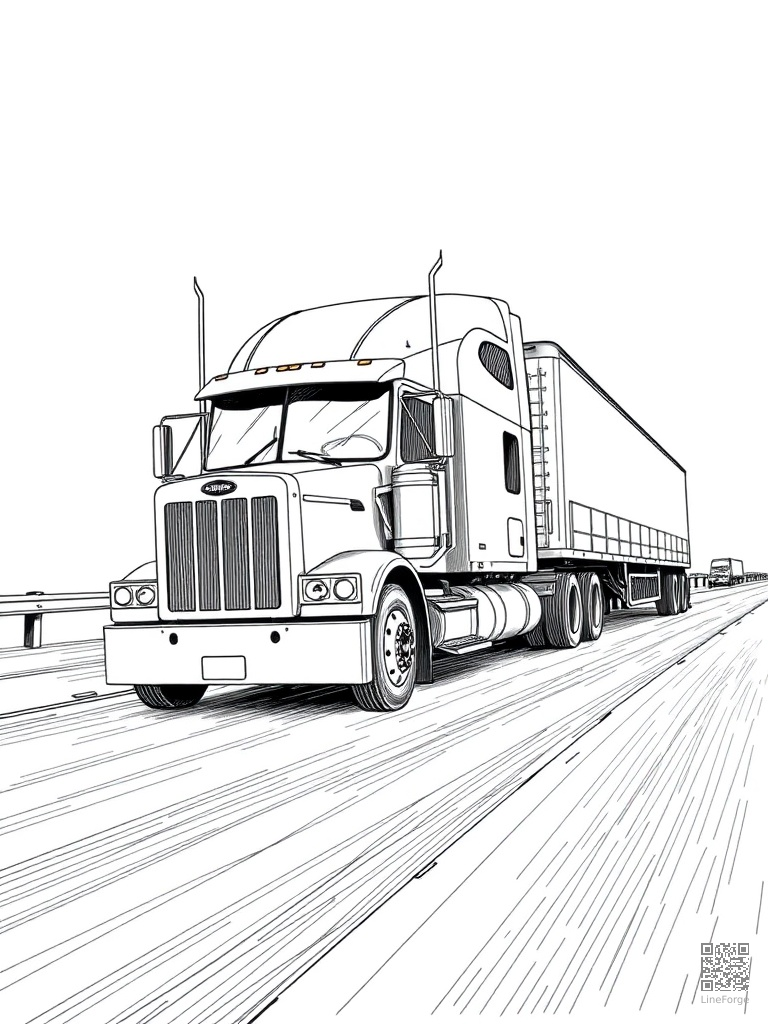 Free semi truck big rig rolling down a highway coloring page in crosshatch style — printable line art