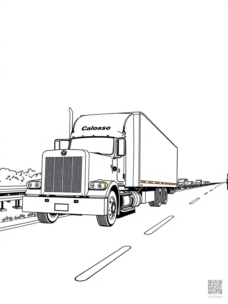 Free semi truck big rig rolling down a highway coloring page in manga style — printable line art