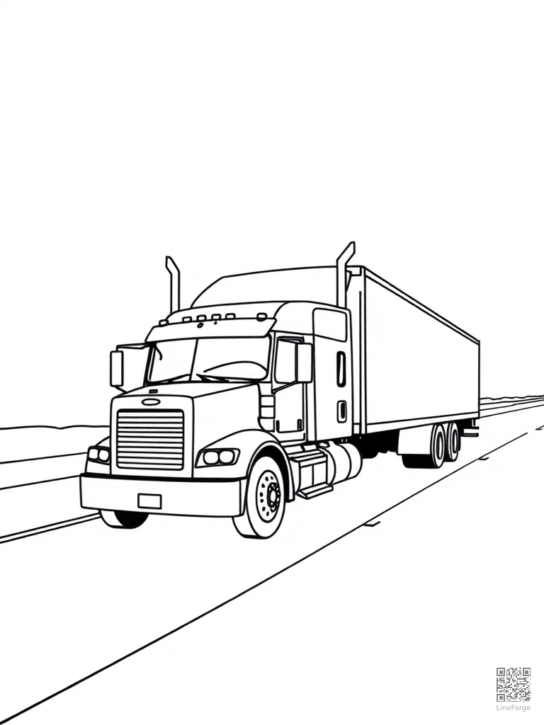 Free semi truck big rig rolling down a highway coloring page in minimal style — printable line art