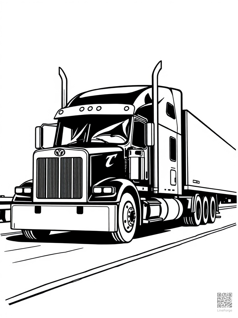 Free semi truck big rig rolling down a highway coloring page in woodcut style — printable line art