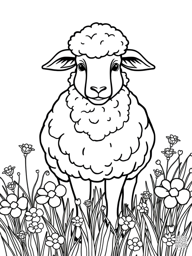 Free sheep with fluffy wool in a flower meadow coloring page in contour style — printable line art