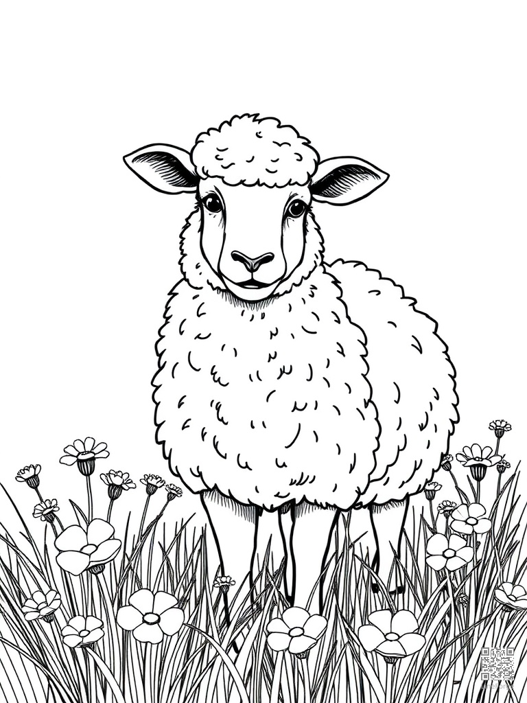 Free sheep with fluffy wool in a flower meadow coloring page in crosshatch style — printable line art